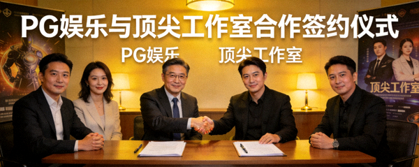 PG娱乐与多家顶尖游戏工作室战略合作签约仪式现场，双方代表握手合影，背景为合作品牌Logo墙
