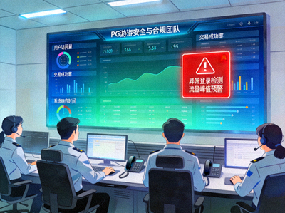 PG娱乐安全与合规团队正在监控系统，大屏幕上显示着实时数据看板与安全警报，确保平台稳定运行