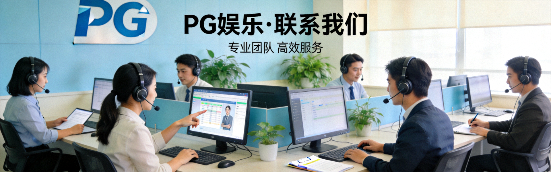 PG娱乐联系我们页面横幅背景，展示现代客服中心与团队成员协作的场景
