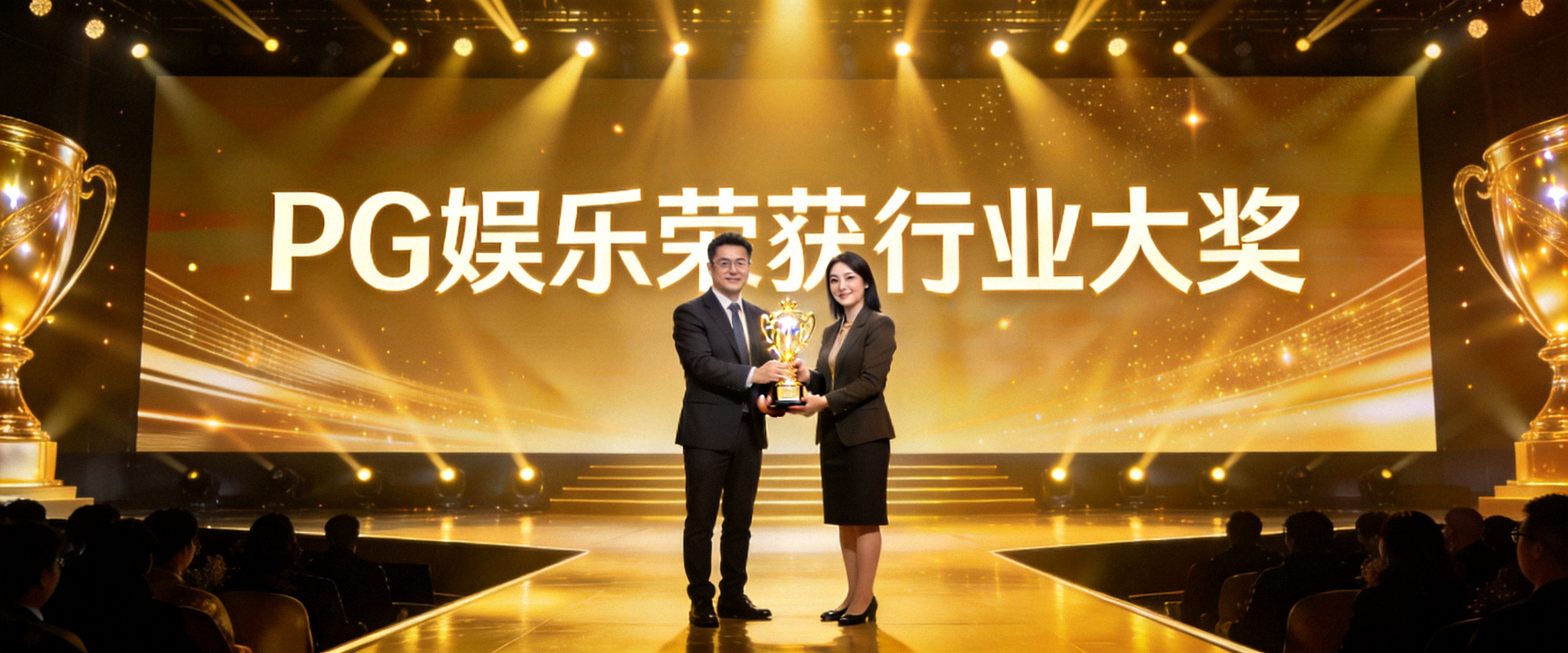 PG娱乐荣获行业大奖颁奖典礼现场，金色灯光照耀舞台，奖杯闪闪发光