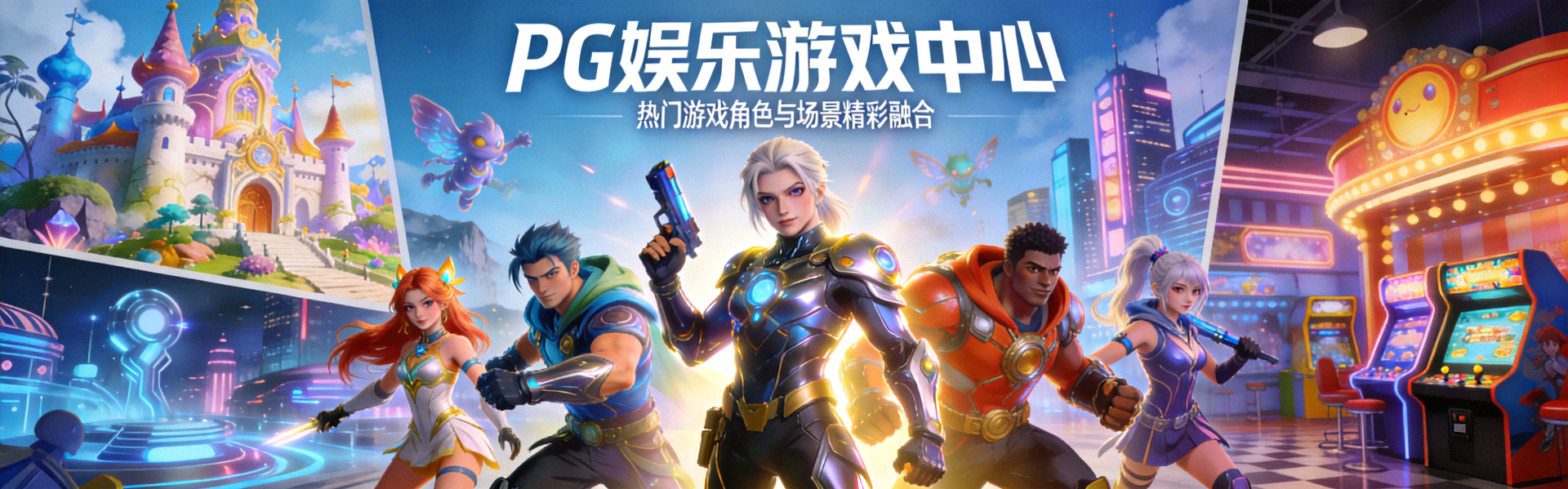 PG娱乐游戏中心主视觉横幅，展示多款热门游戏角色与场景的精彩融合