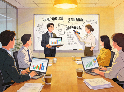 PG娱乐运营团队会议场景，团队成员围绕会议桌讨论数据分析与市场策略，白板上写满了计划