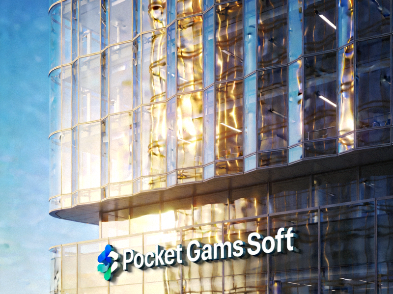 Pocket Games Soft公司总部大楼外观，现代风格的玻璃幕墙建筑，在阳光下熠熠生辉，象征着创新与透明