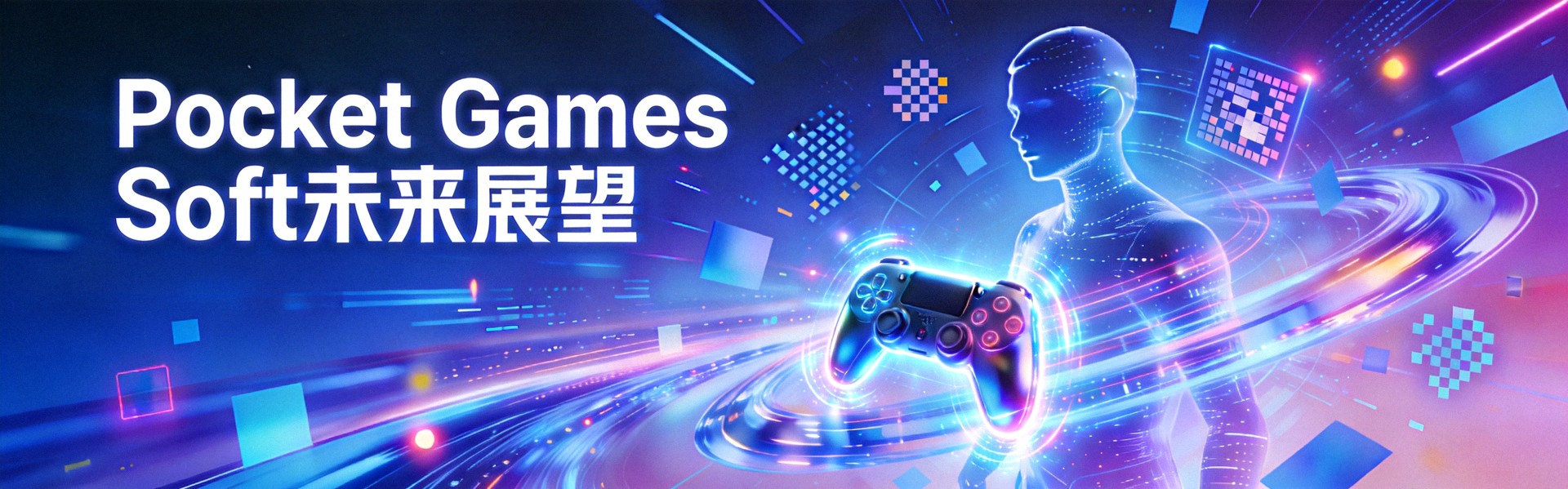 Pocket Games Soft未来展望主题背景图，展示现代科技与游戏产业融合的抽象概念